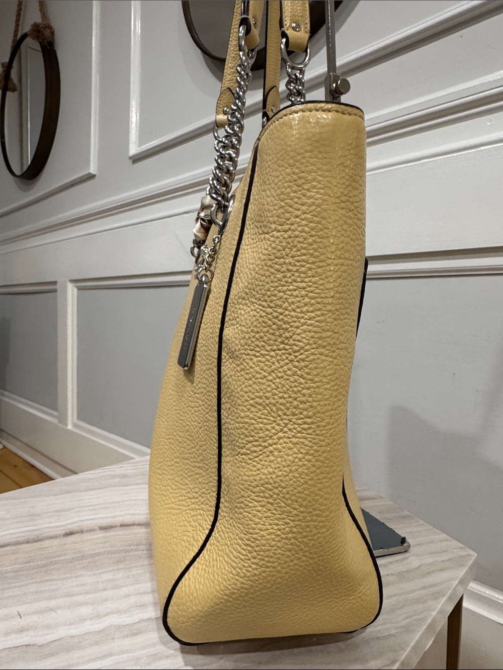 Coach Bag Cammie Pale Yellow Pebbled Leather Tote with Chain-Strap Handles - Picture 4 of 17